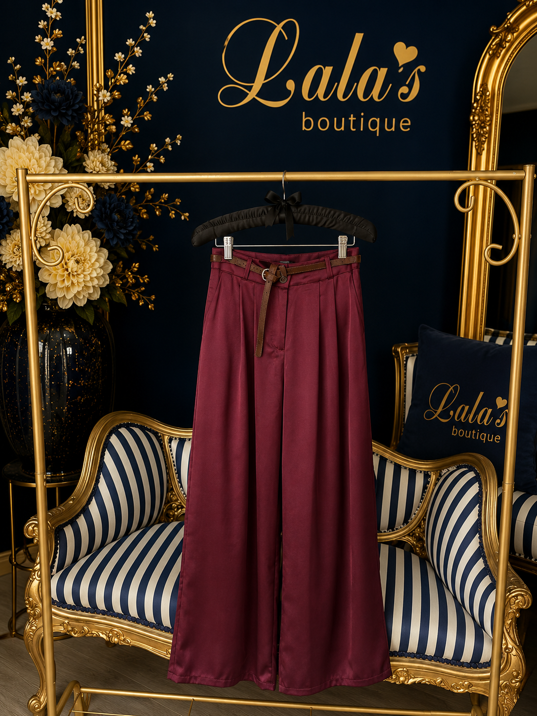 PLUM SATIN FRONT PLEAT TROUSERS