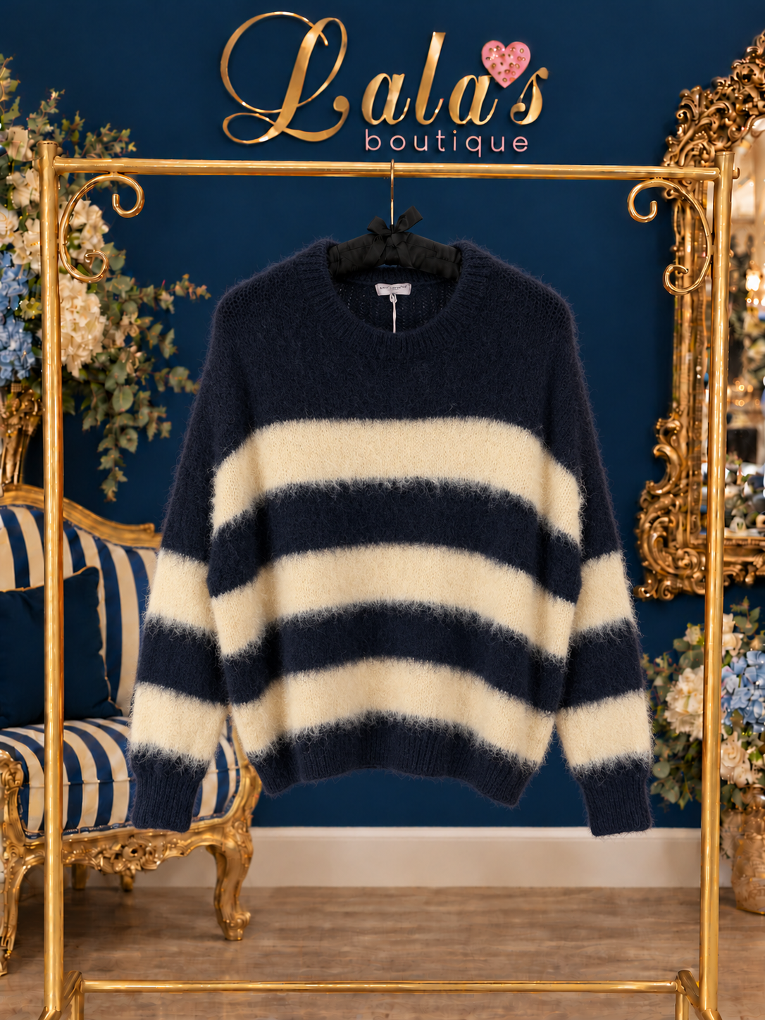 NAVY & CREAM STRIPE FLUFFY KNIT