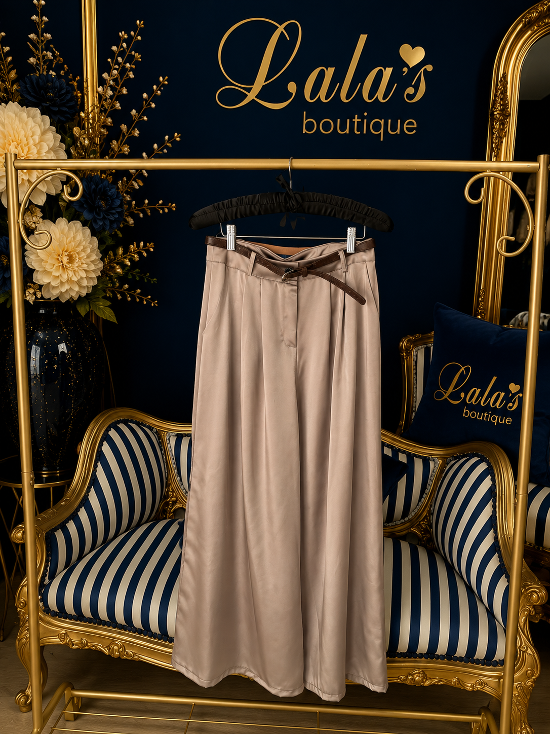 TAUPE FRONT PLEAT SATIN TROUSERS