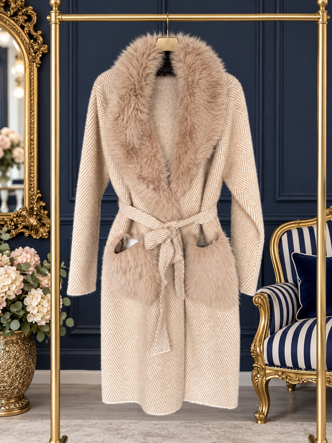 CREAM FUR TRIM COATIGAN