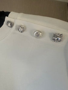 WHITE DIAMANTÉ & PEARL BUTTON SHOULDER T-SHIRT