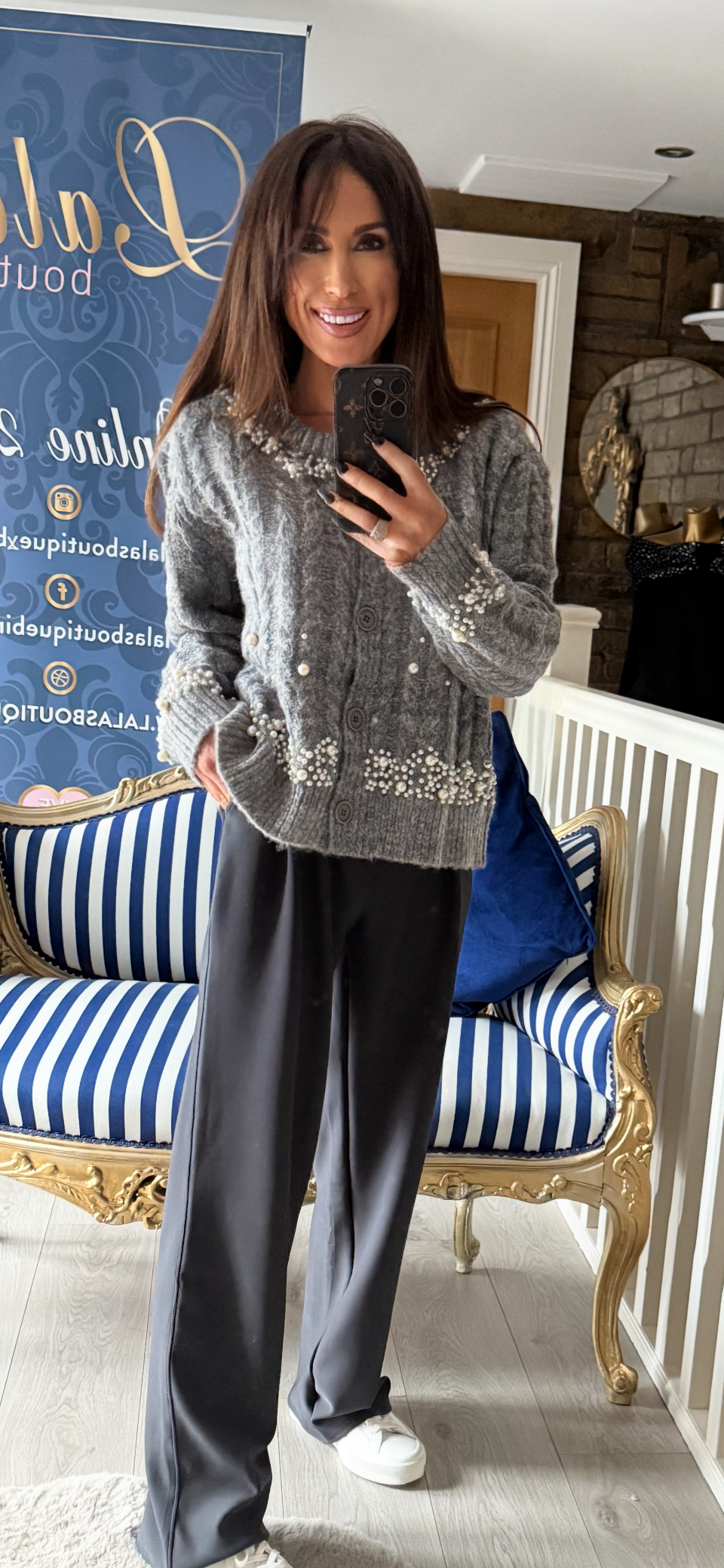 GREY CABLE KNIT PEARL TRIM CARDIGAN
