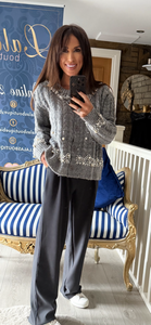 GREY CABLE KNIT PEARL TRIM CARDIGAN