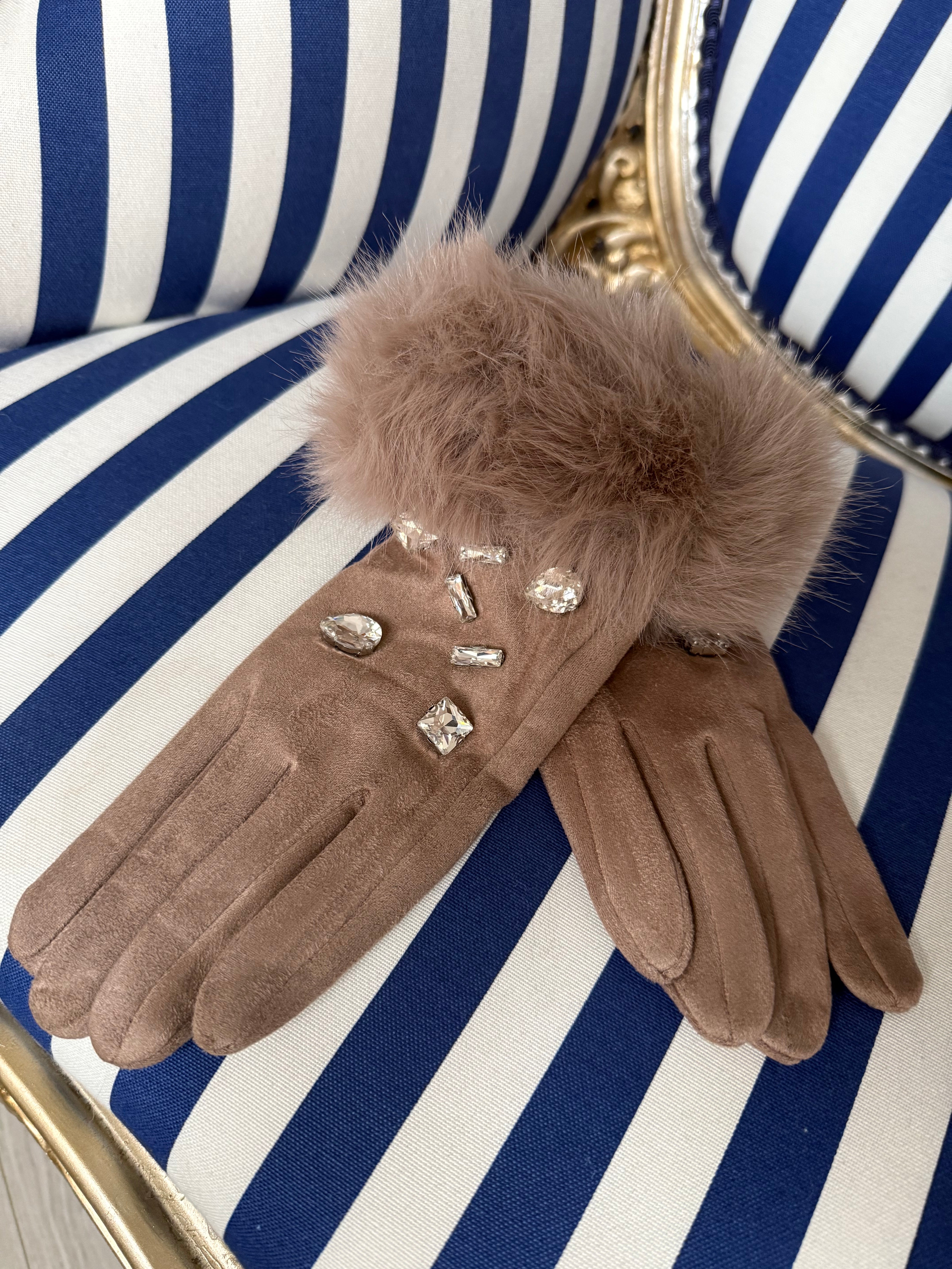 STONE JEWELLED FAUX FUR GLOVES