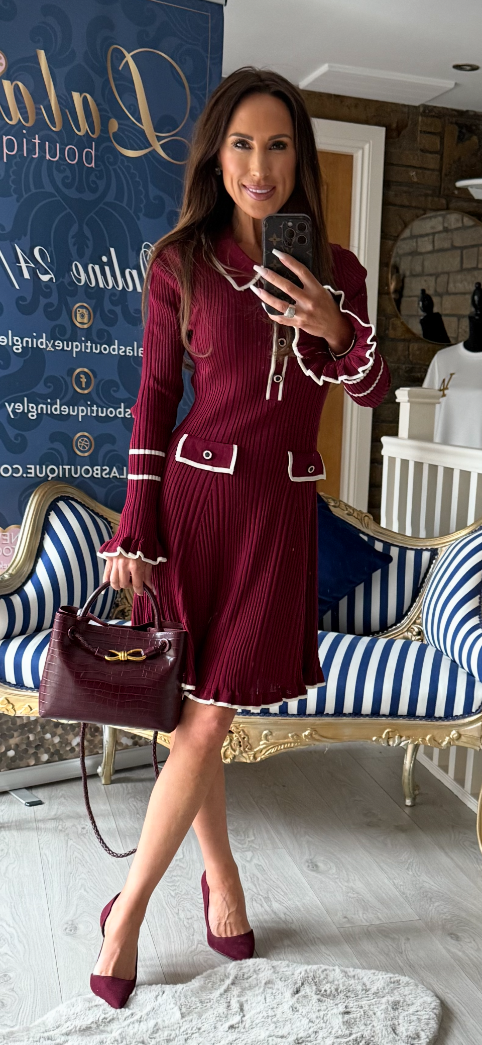 WINE FRILL SLEEVE DRESS