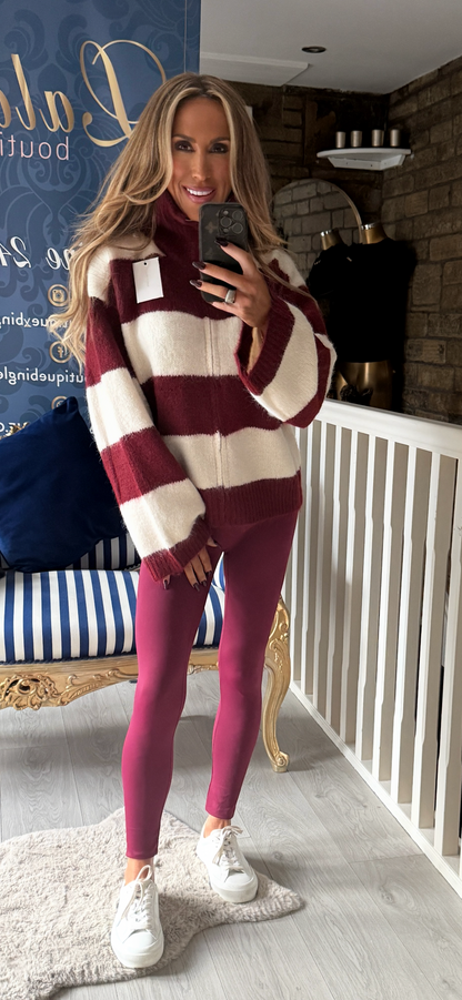 BURGUNDY FUNNEL STRIPE CARDIGAN