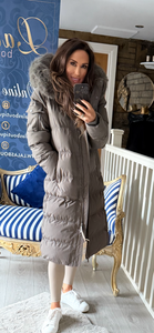 GHAKI QUILTED FUR HOODED COAT