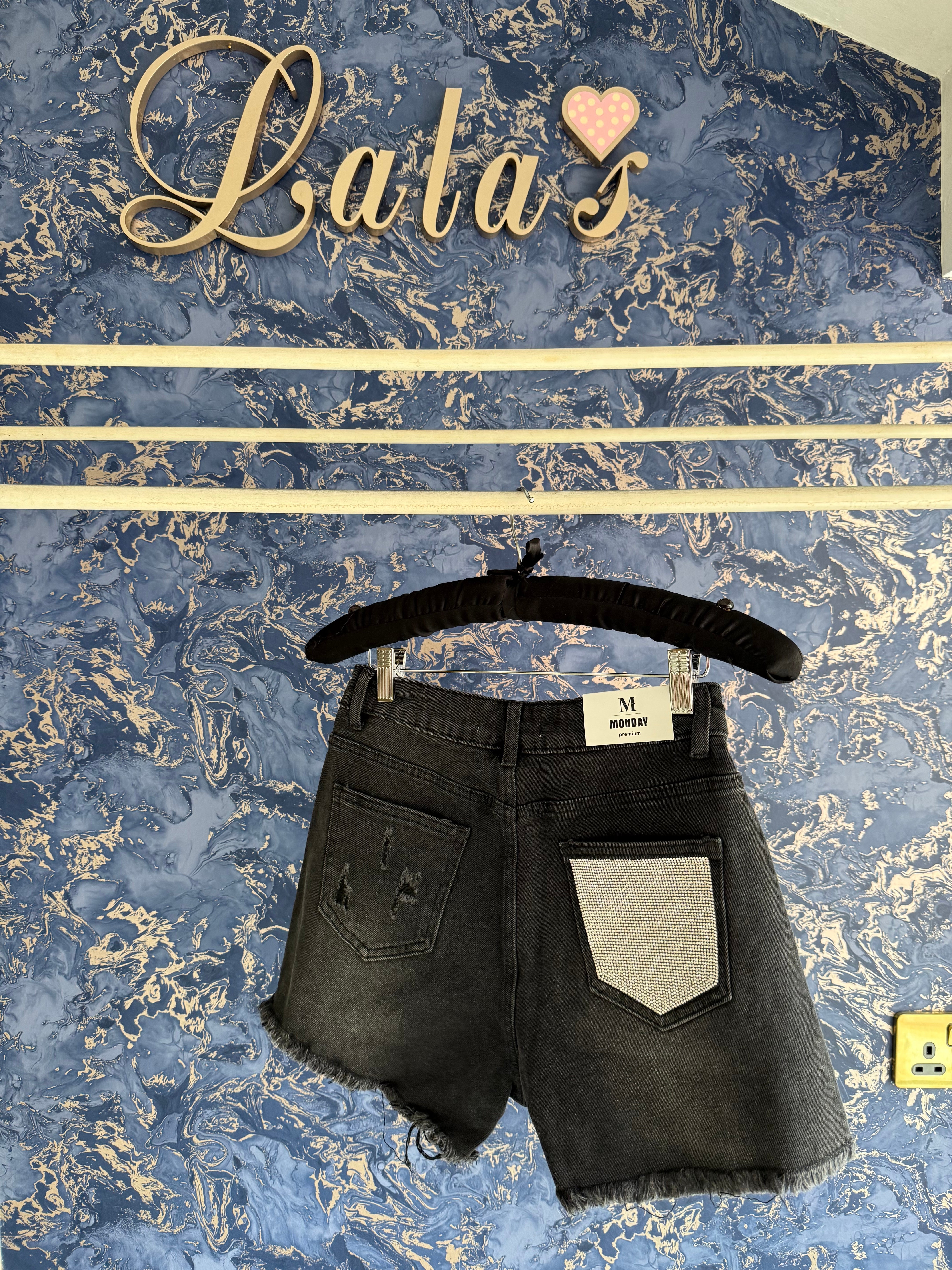 BLACK DENIM DIAMANTÉ SHORTS