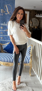 CREAM FLUFFY T-SHIRT WITH JEWELLED NECKLINE