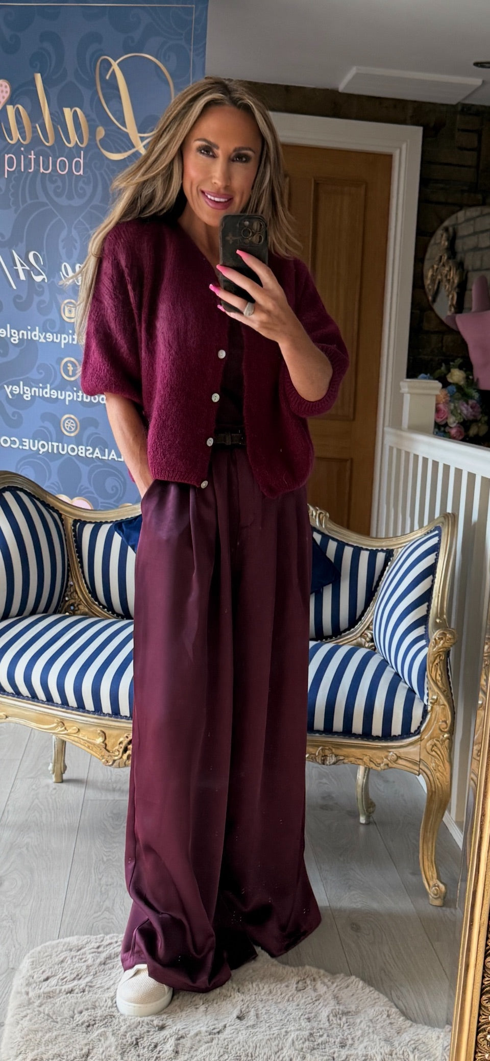 PLUM SATIN FRONT PLEAT TROUSERS