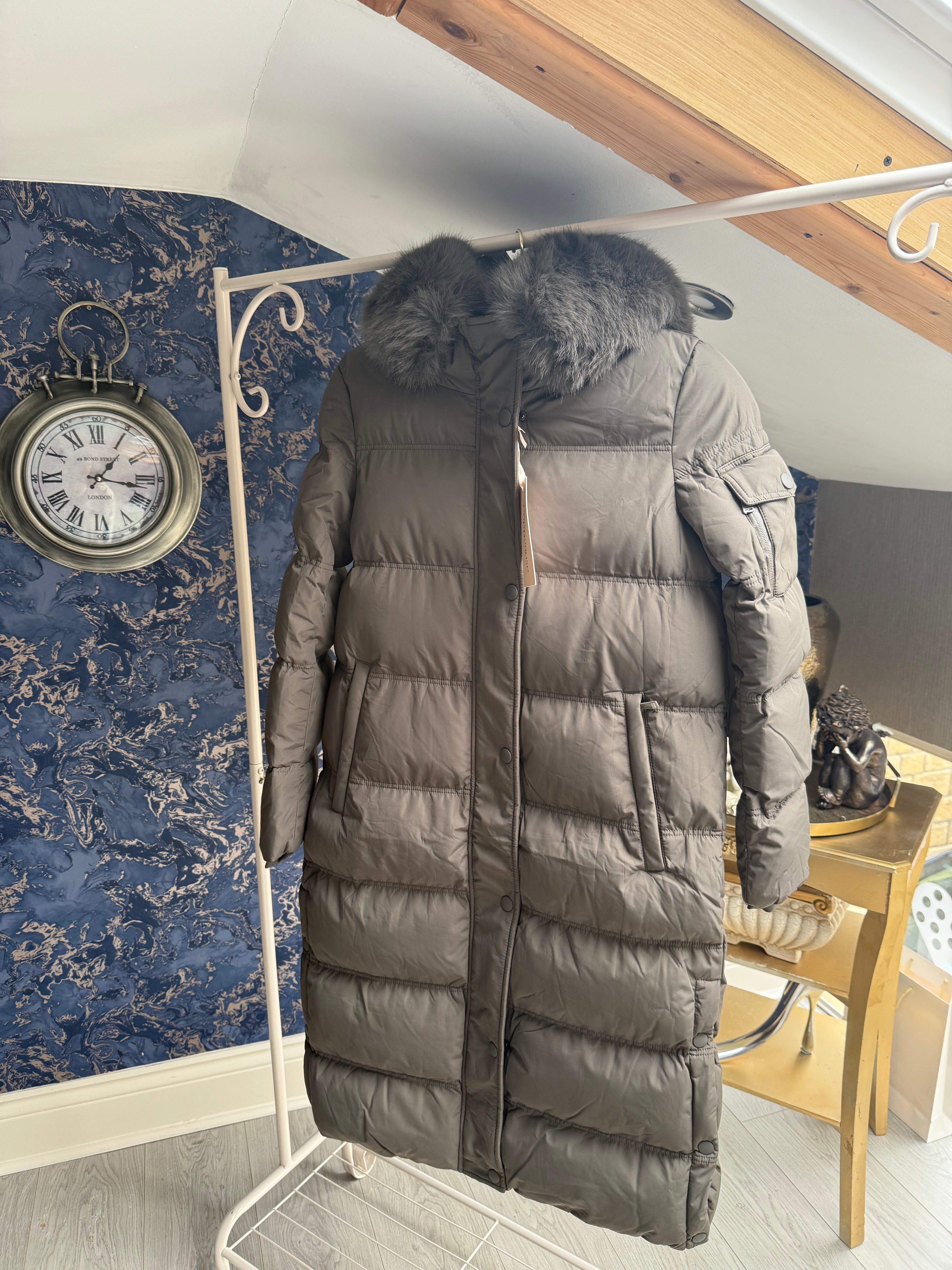 GHAKI QUILTED FUR HOODED COAT