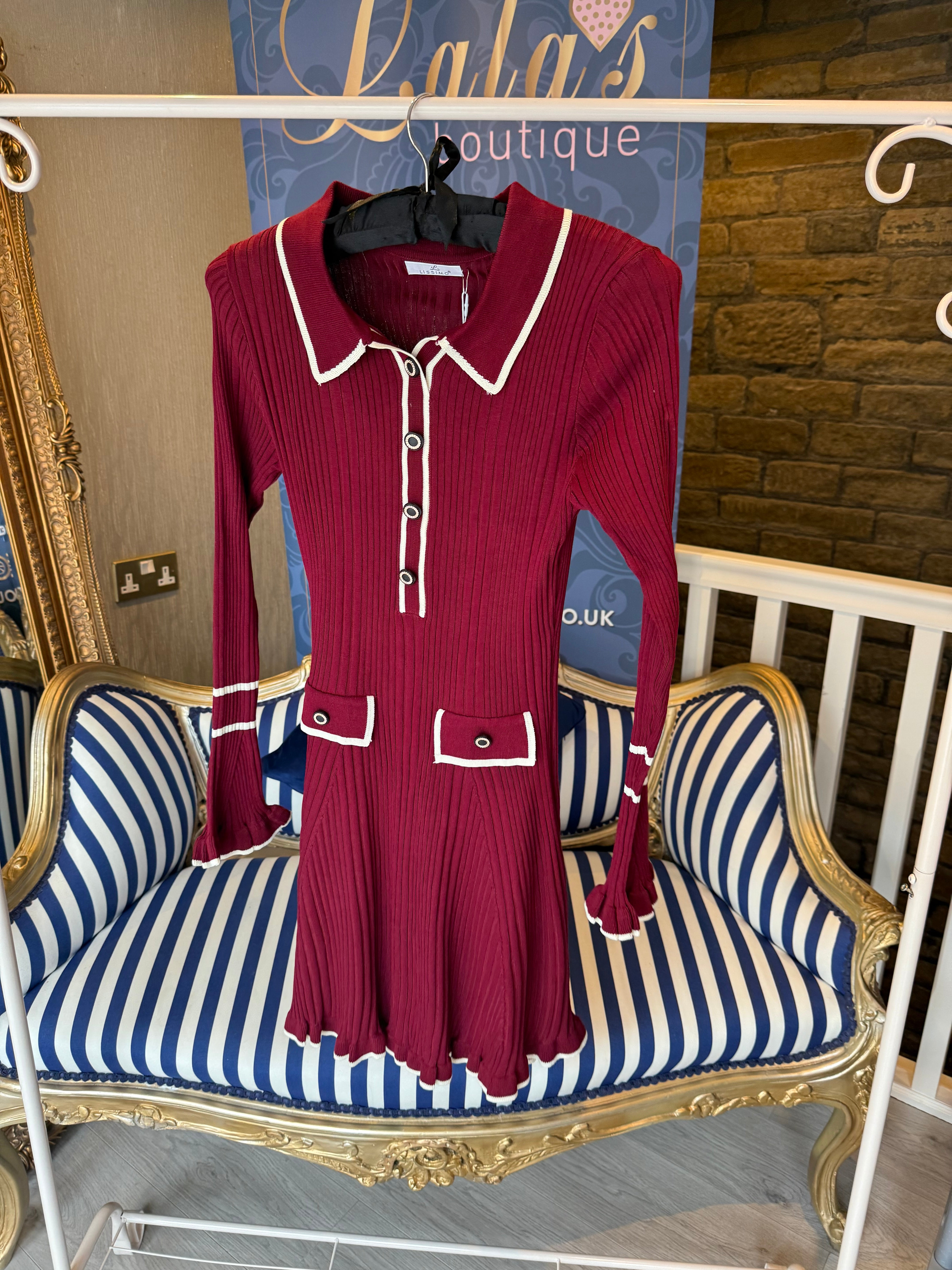 WINE FRILL SLEEVE DRESS