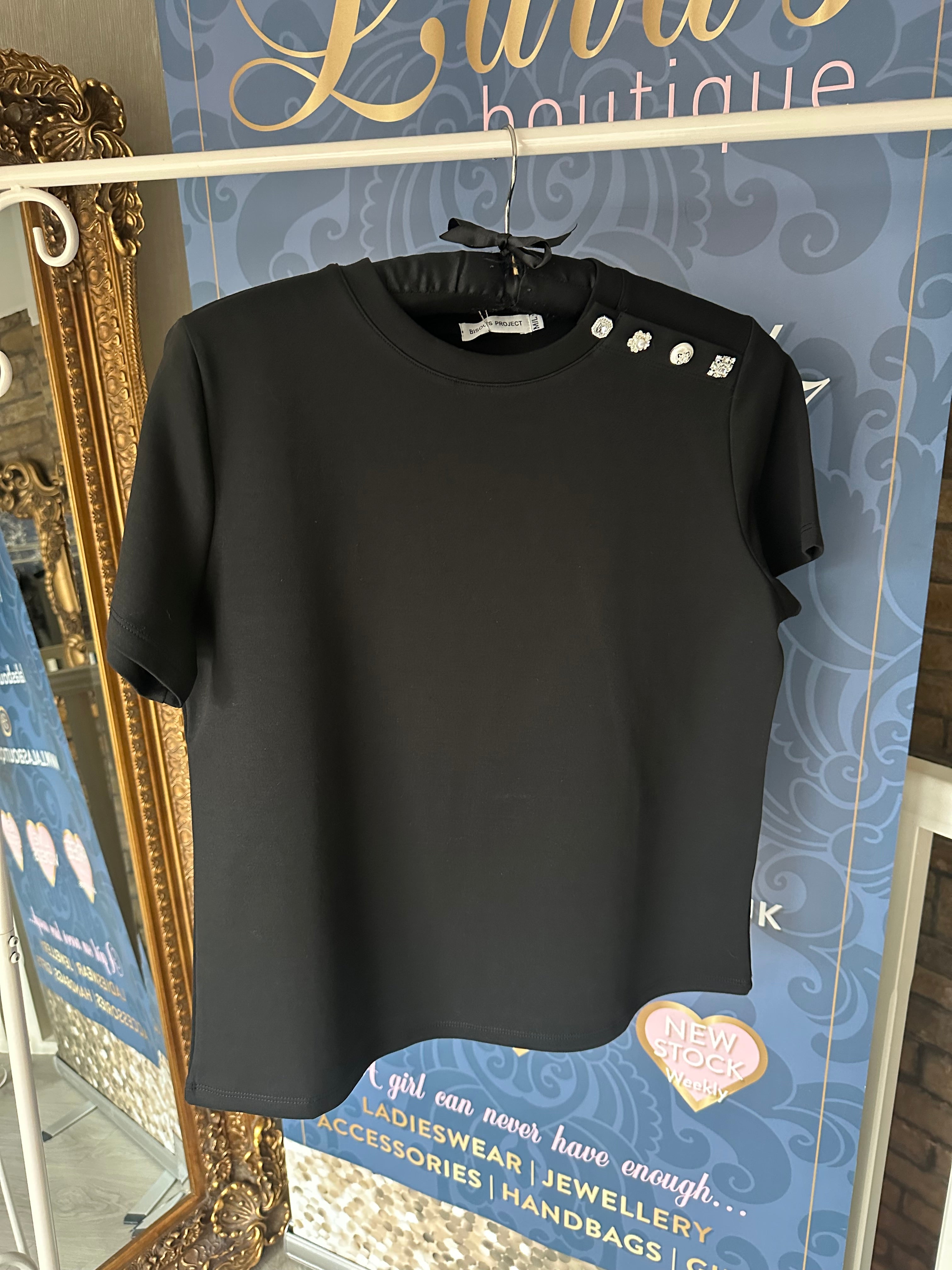 BLACK DIAMANTÉ & PEARL BUTTON T-SHIRT