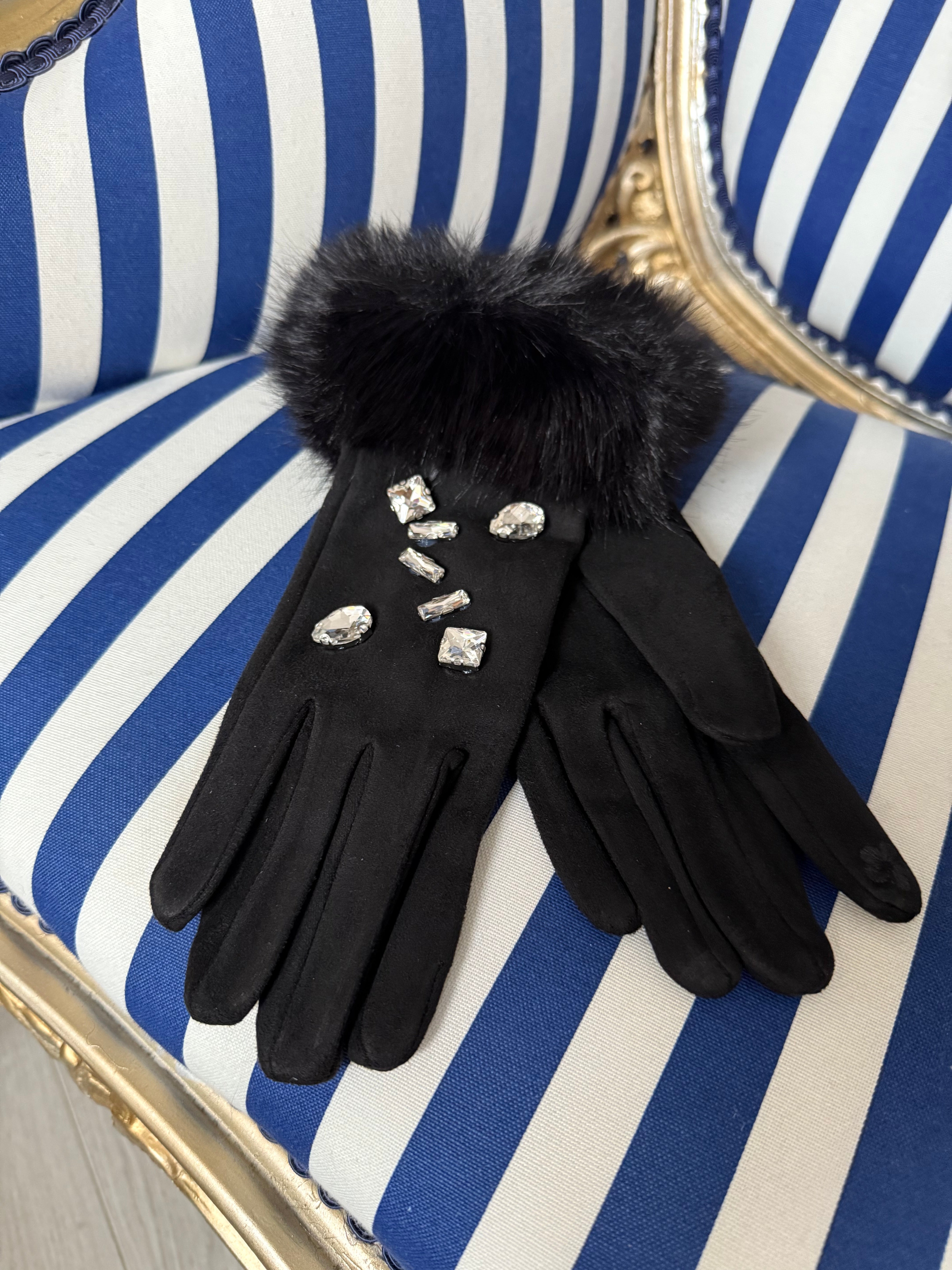 BLACK JEWELLED MOCK SUEDE FUR GLOVES