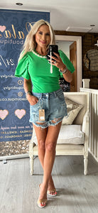 GREEN PUFF SLEEVE PEARL T-SHIRT