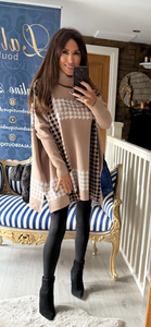 CAMEL DOGTOOTH ROLL-NECK