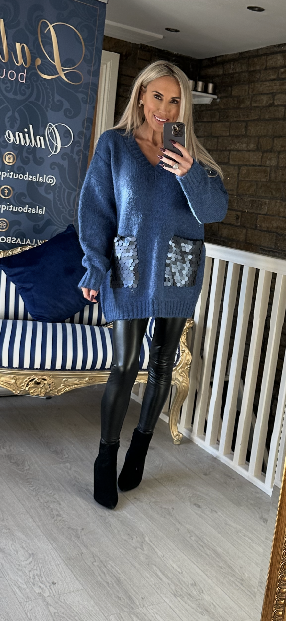 DENIM V NECK SEQUIN POCKET JUMPER