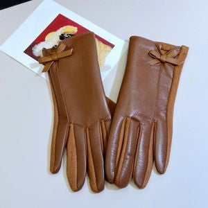TAN FAUX LEATHER BOW GLOVES