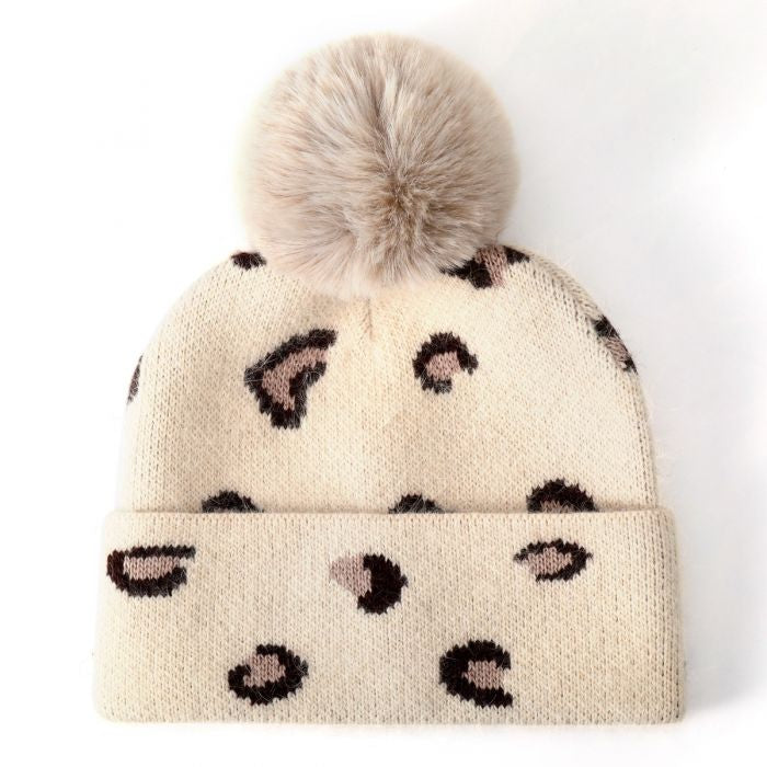 BEIGE LEOPARD PAWS POMPOM HAT