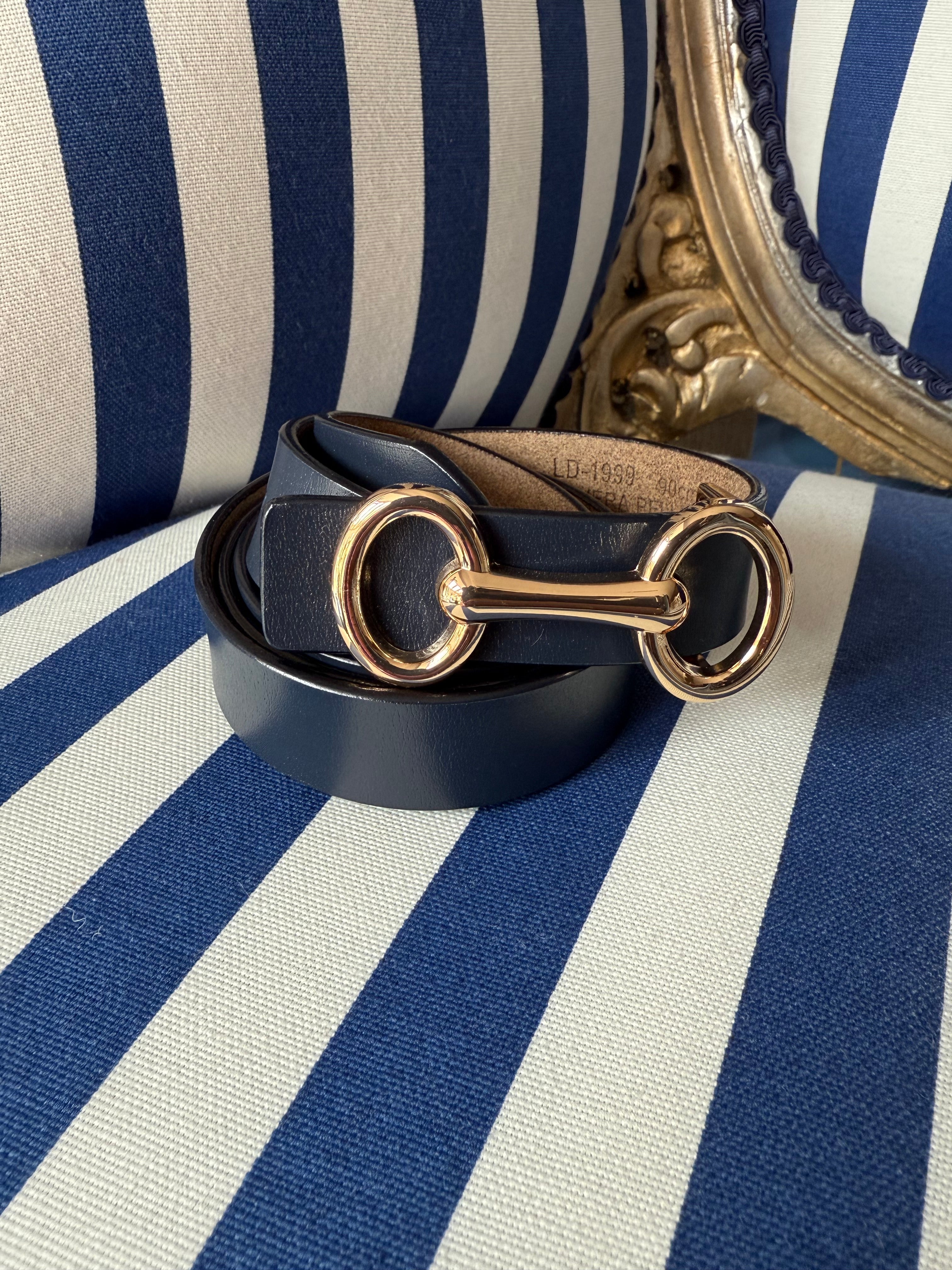 NAVY HORSEBAIT GOLD BUTTON BELT