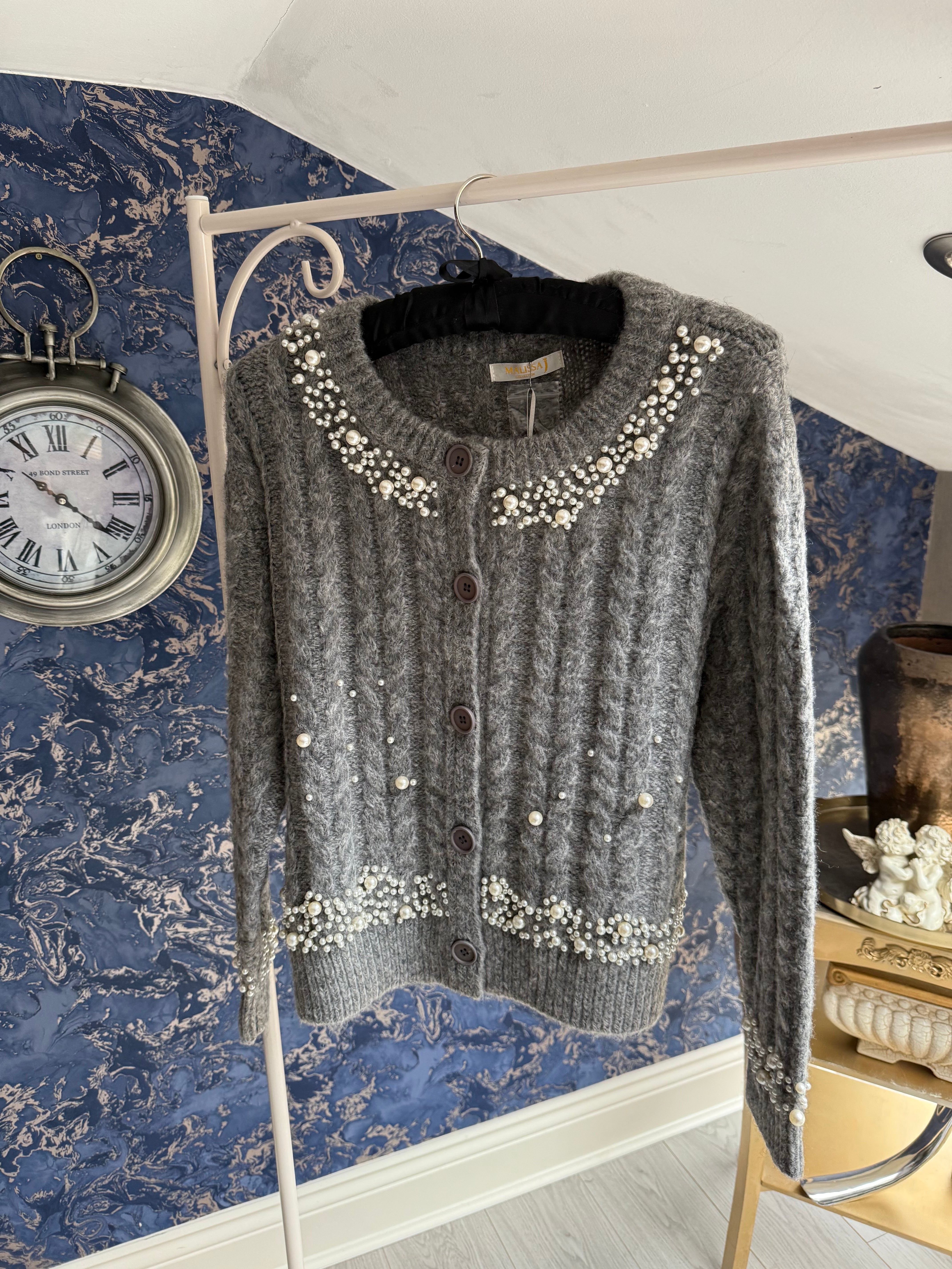 GREY CABLE KNIT PEARL TRIM CARDIGAN