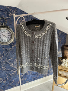 GREY CABLE KNIT PEARL TRIM CARDIGAN