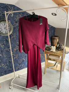 BURGUNDY SATIN DRESS & CROSSOVER JUMPER CO-ORD