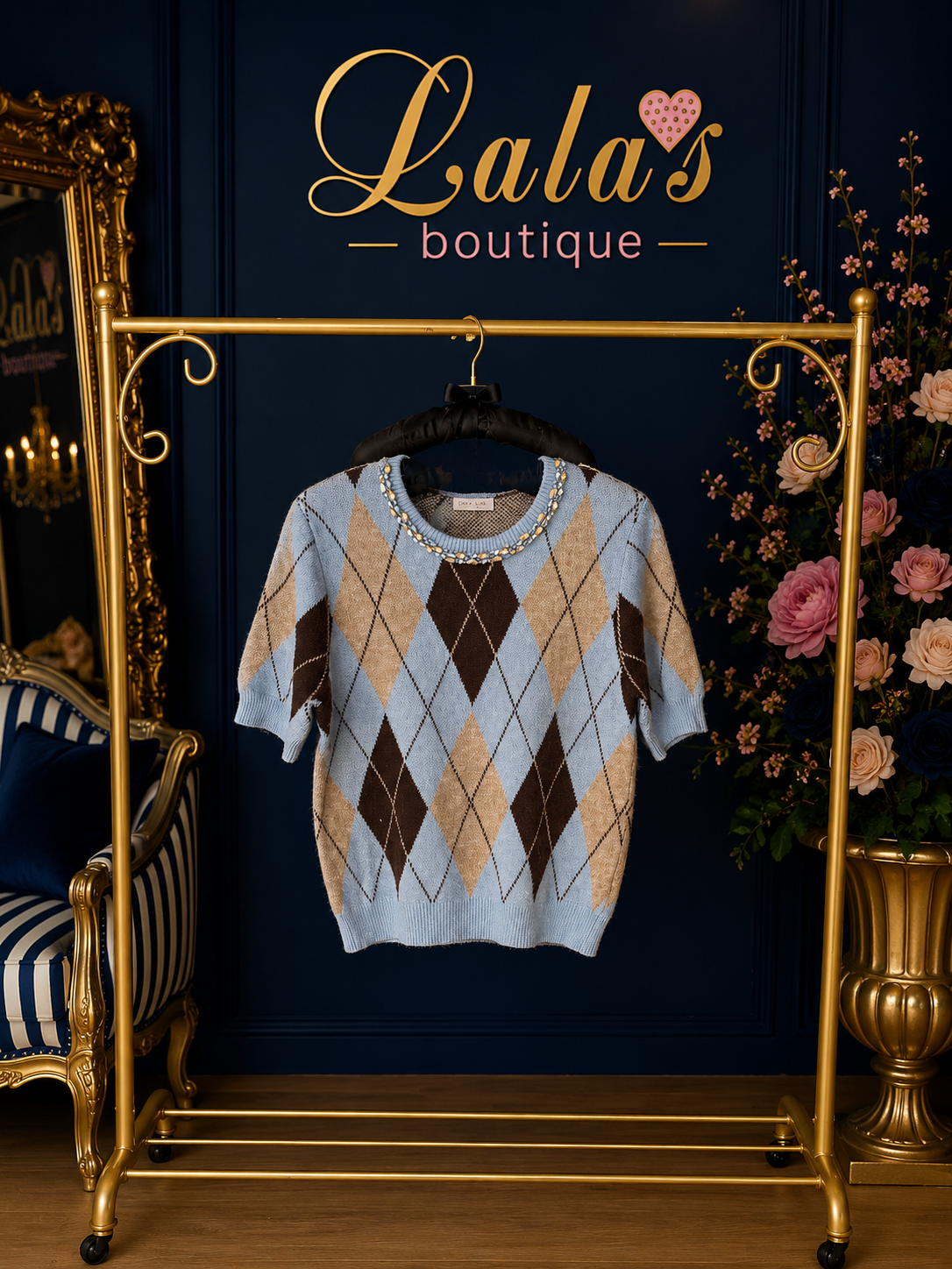 BLUE ARGYLE CRYSTAL KNIT