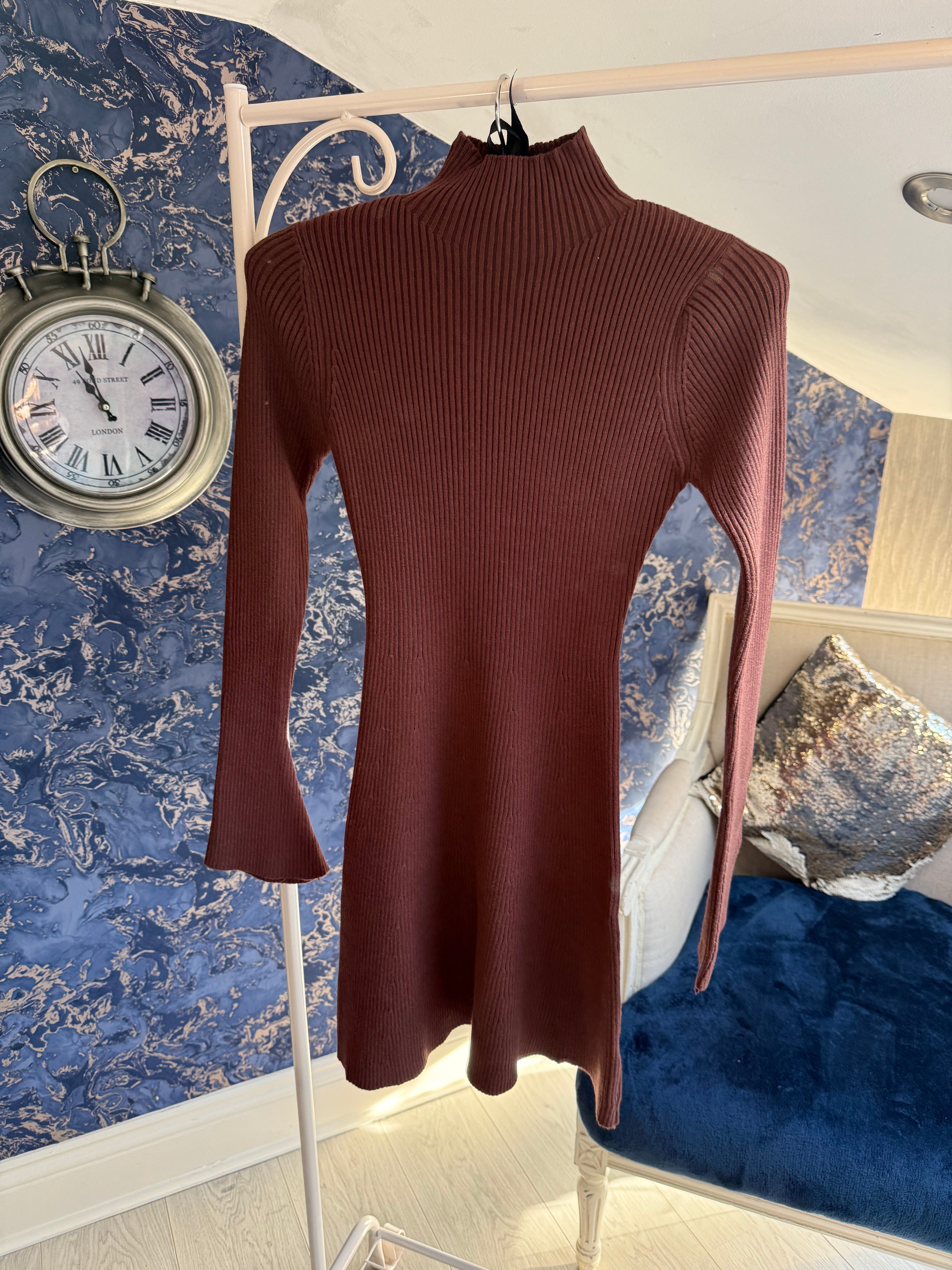 FLUTED SLEEVE CHOCOLATE JUMPER DRESS