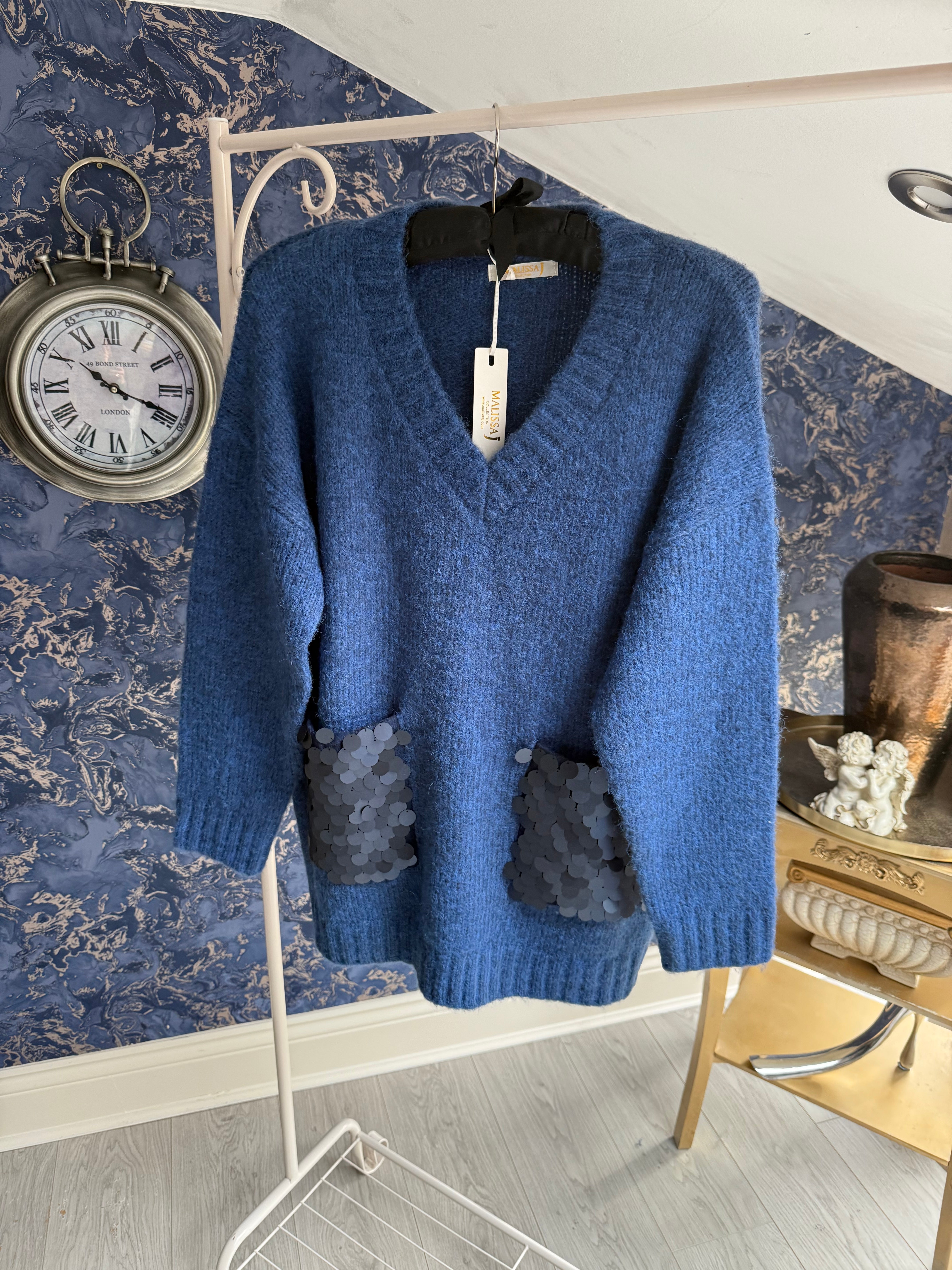 DENIM FLUFFY DISC SEQUIN JUMPER