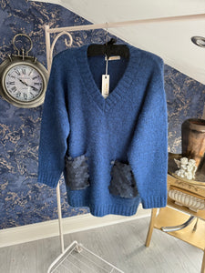 DENIM FLUFFY DISC SEQUIN JUMPER