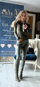 KHAKI LEATHER LOOK JEANS