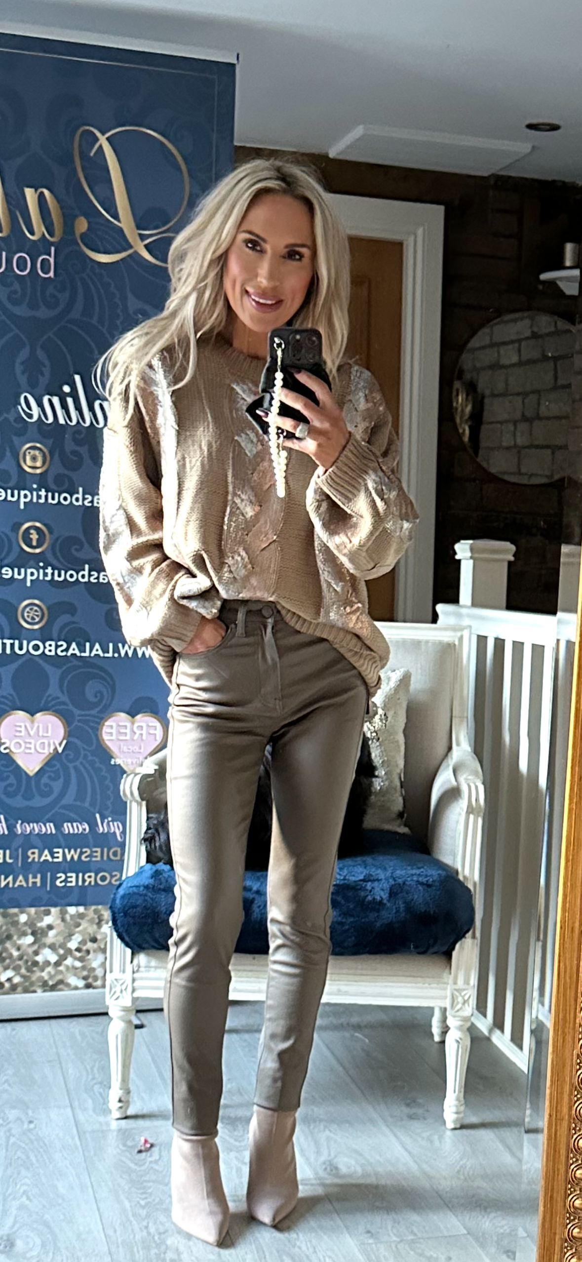 TAUPE LEATHER LOOK JEANS