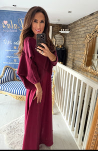 BURGUNDY SATIN DRESS & CROSSOVER JUMPER CO-ORD