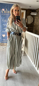 KHAKI LINEN STRIPE LONG SHIRT DRESS