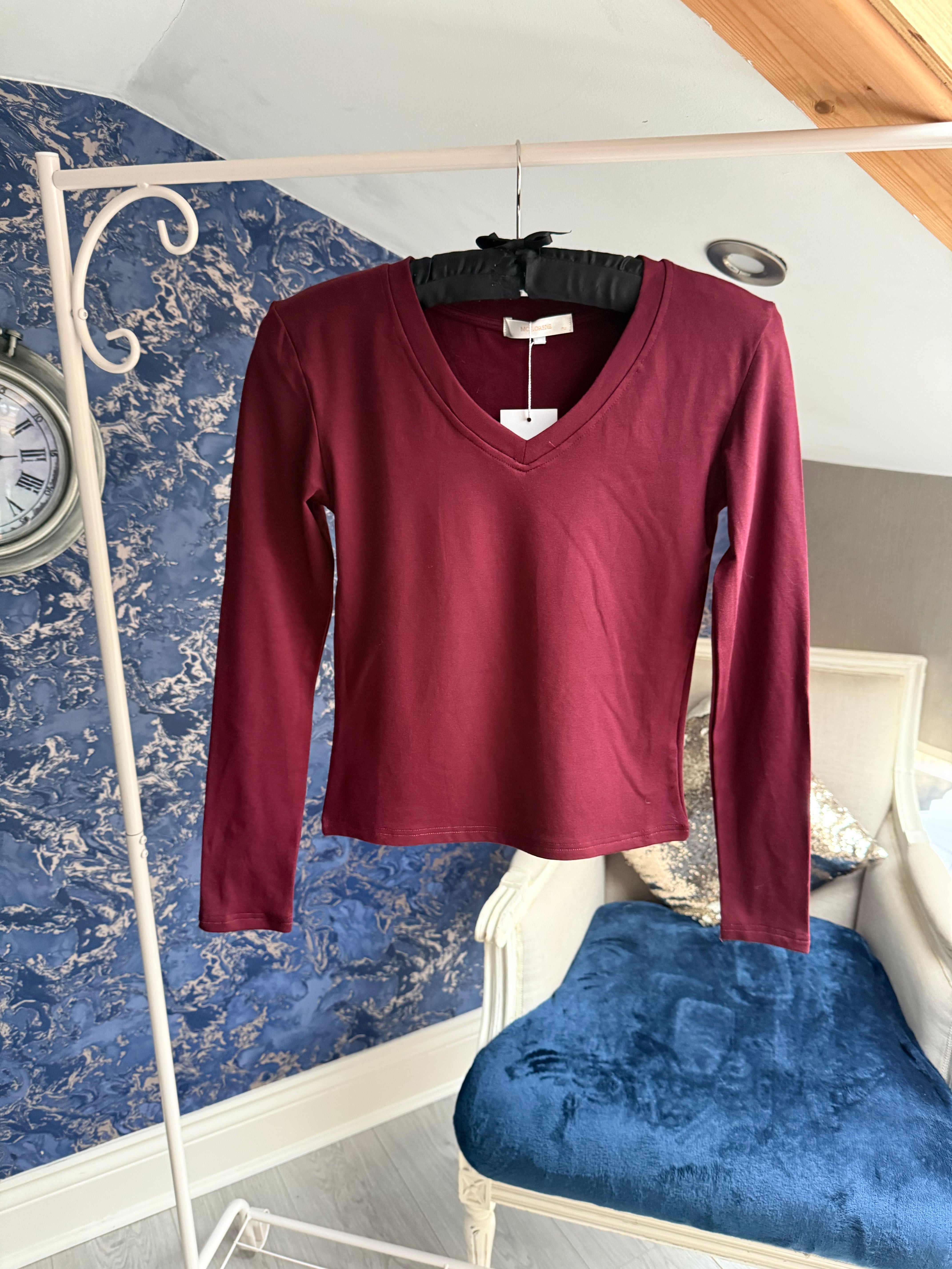 WINE LONG SLEEVE BASIC V NECK T-SHIRT