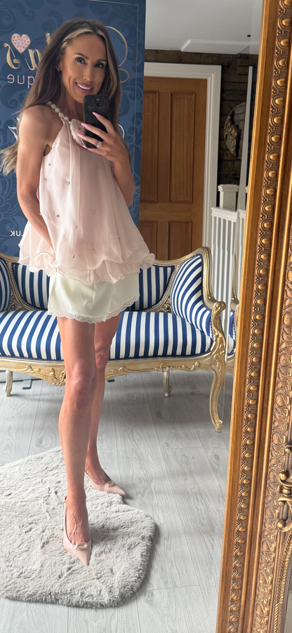 CREAM SATIN LACE DETAIL TAILORED SHORTS