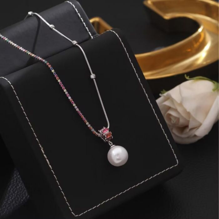 RAINBOW GEMSTONE PEARL DROP NECKLACE