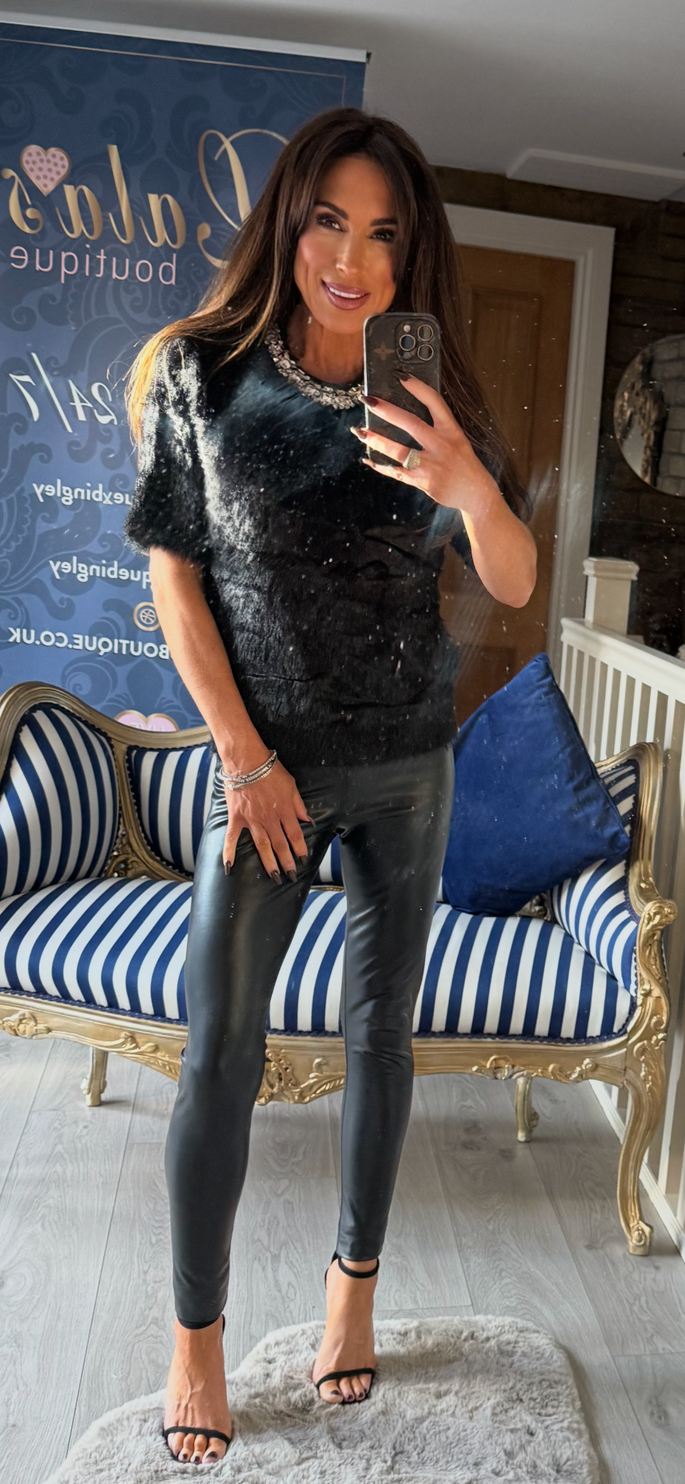 BLACK FLUFFY T-SHIRT WITH JEWELLED NECKLINE