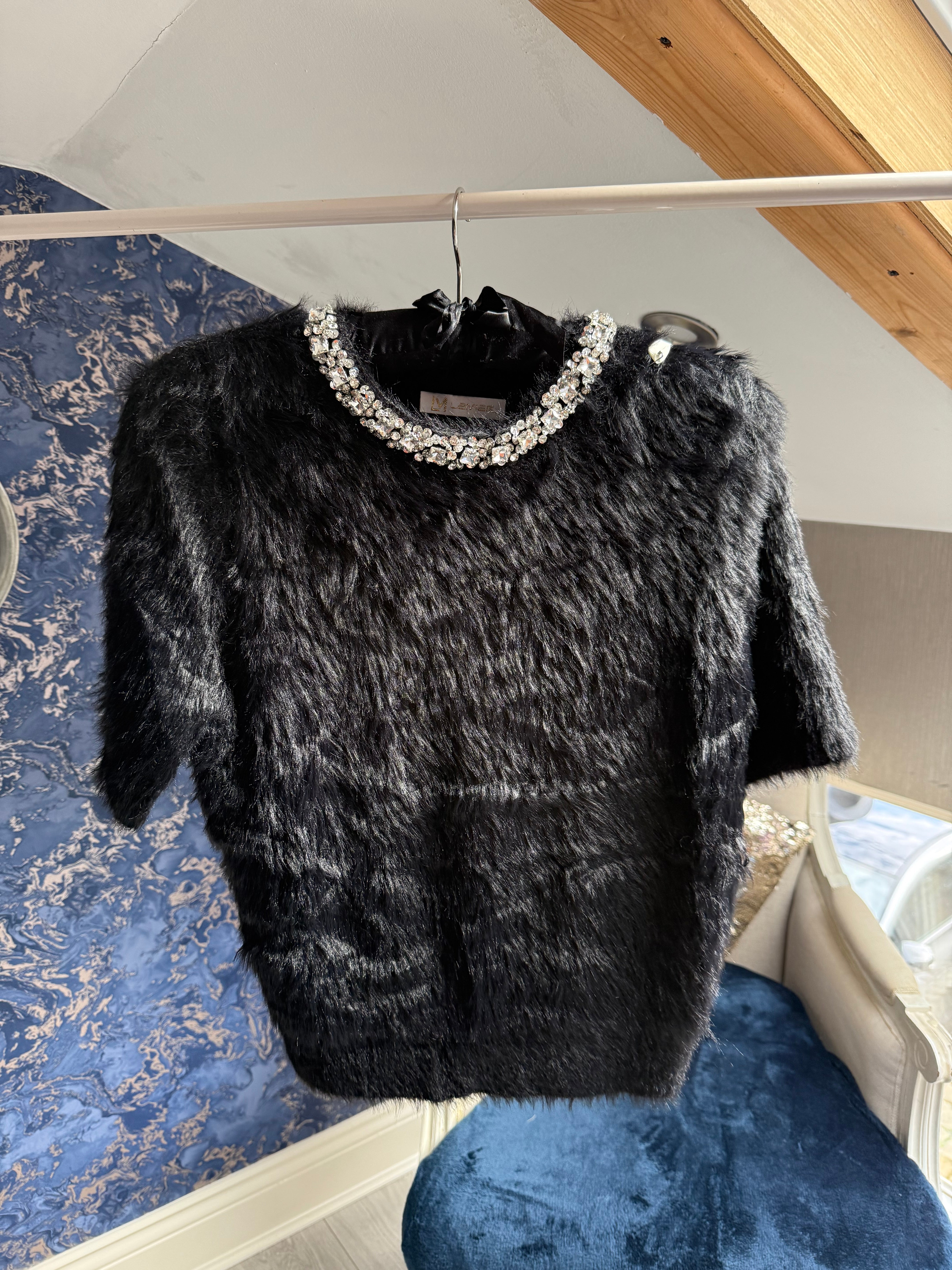 BLACK FLUFFY T-SHIRT WITH JEWELLED NECKLINE