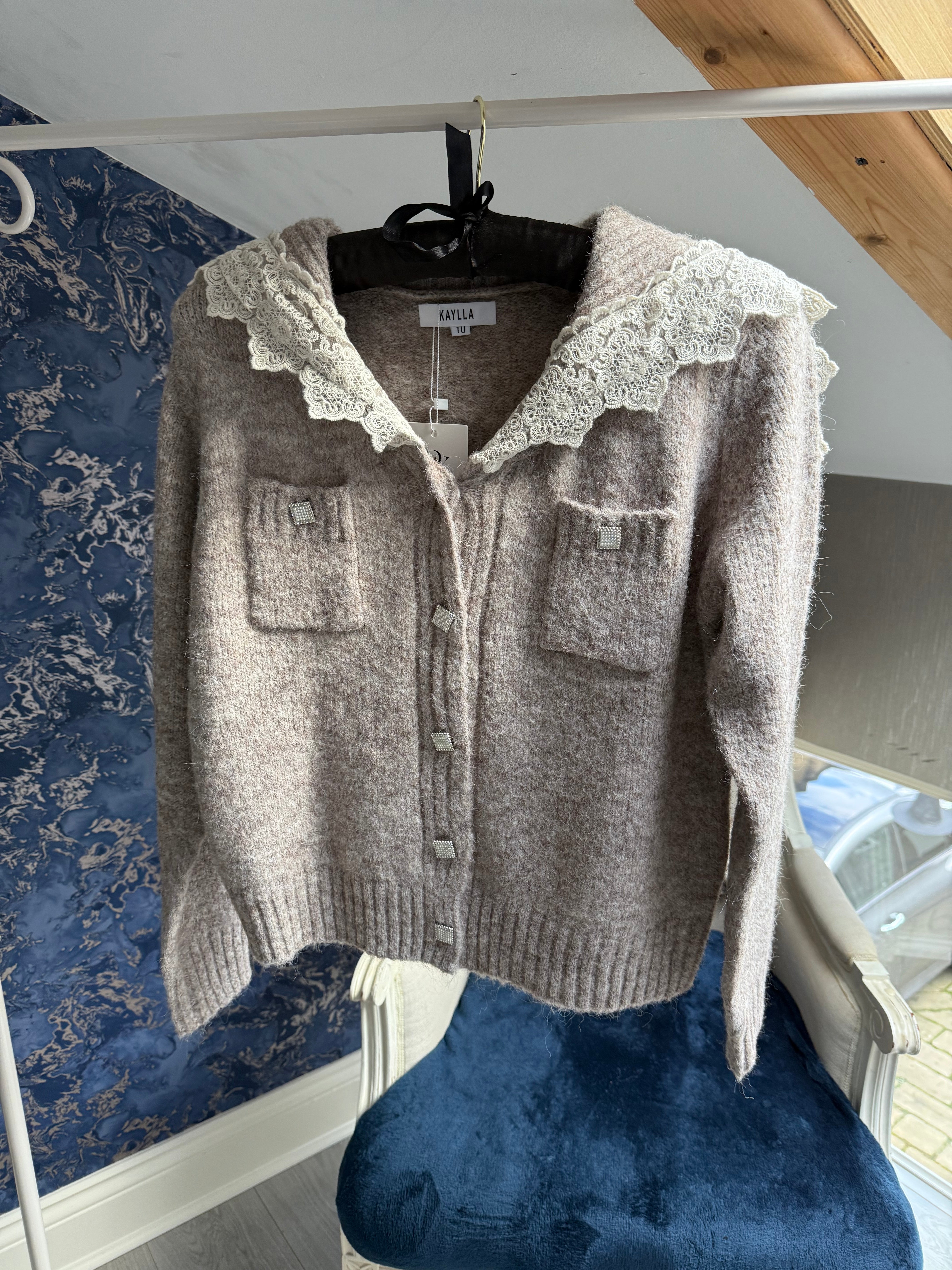 BEIGE LACE SHAWL COLLAR CARDIGAN