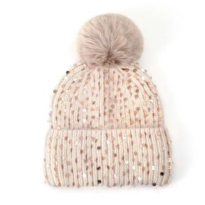 BEIGE WOOL SEQUIN POMPOM HAT