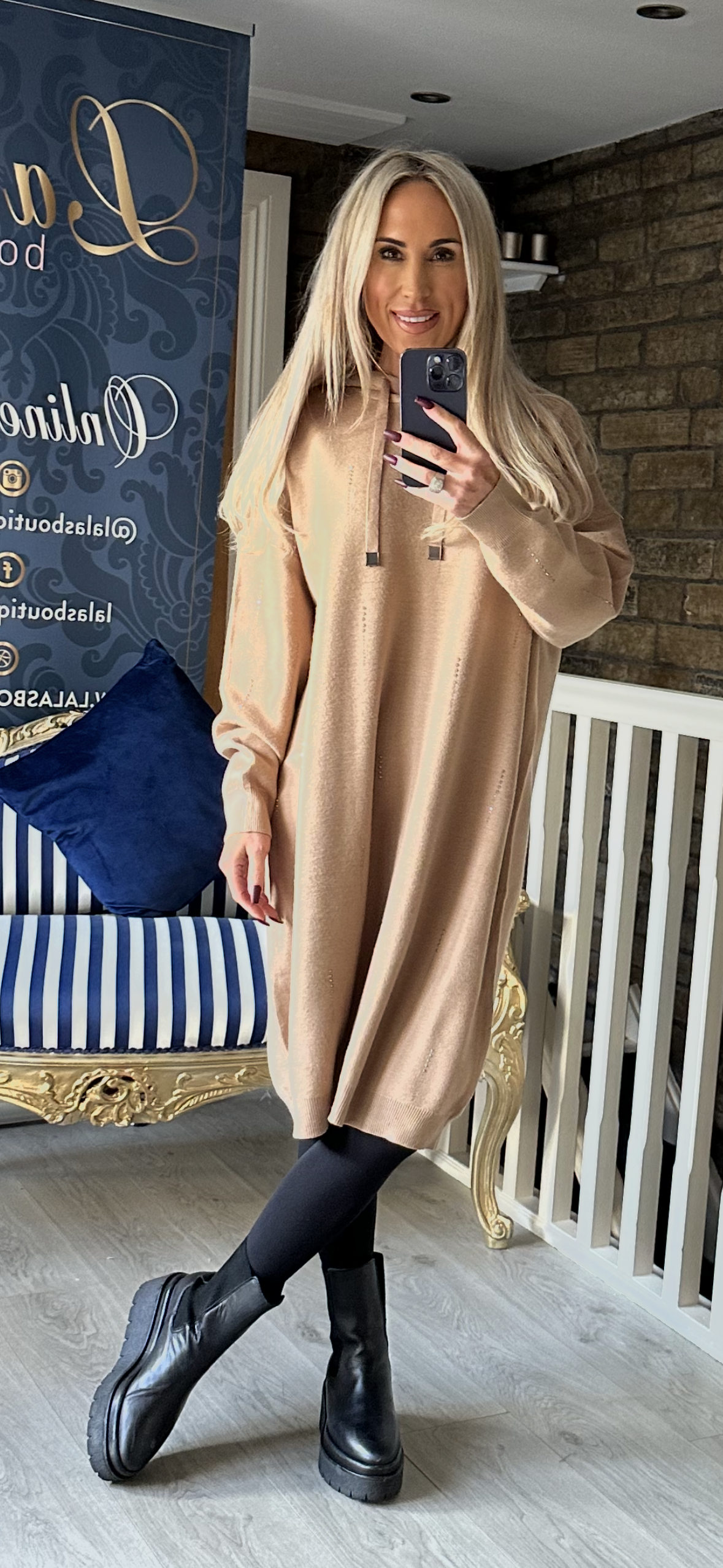 CAMEL HOODED KNIT JUMPER DRESS WITH BLING STUD DESIGN