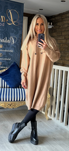 CAMEL HOODED KNIT JUMPER DRESS WITH BLING STUD DESIGN