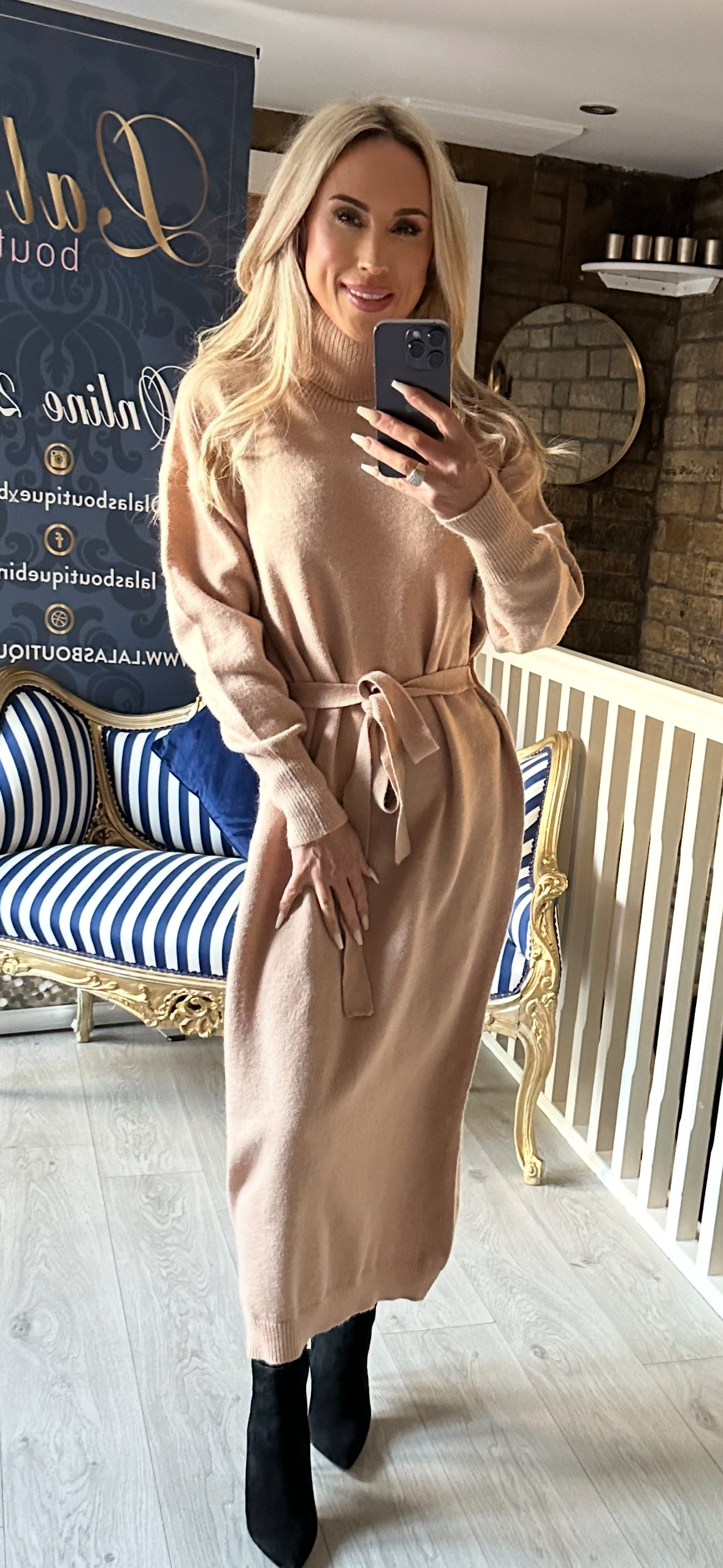 CAMEL MAXI POLO NECK DRESS