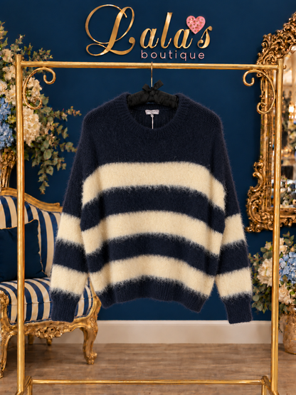 NAVY & CREAM STRIPE FLUFFY KNIT