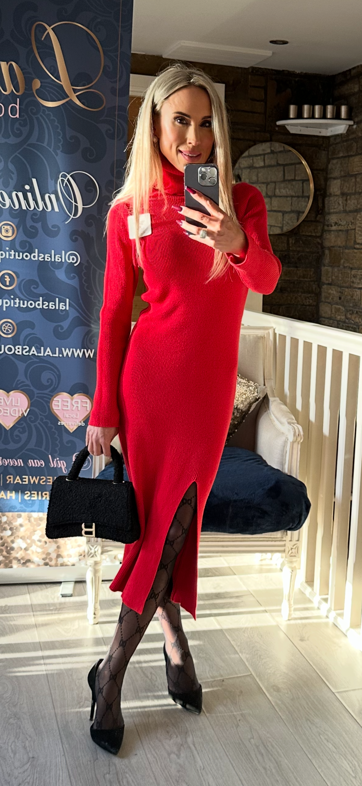 RED KNIT POLO NECK DRESS