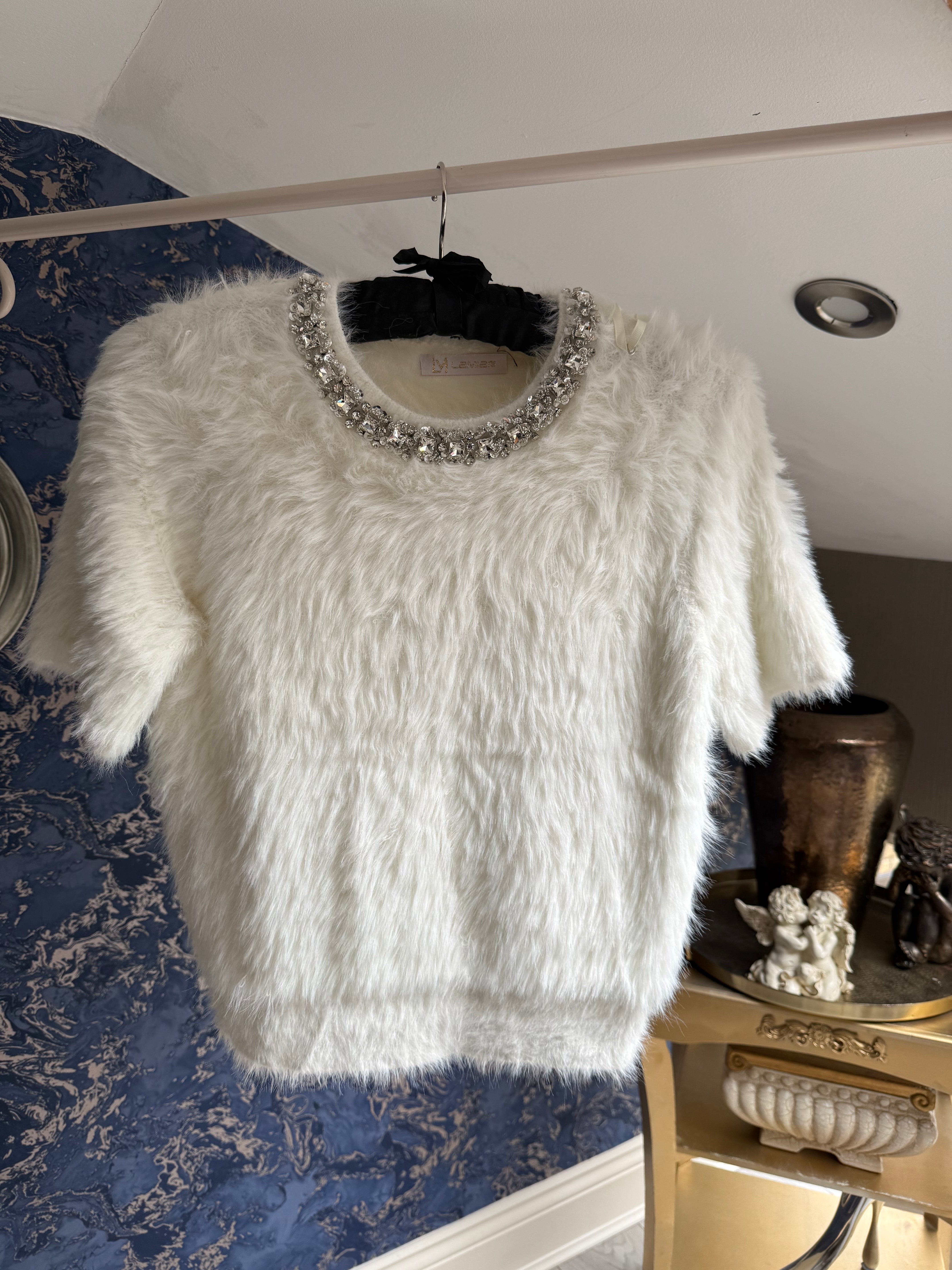 CREAM FLUFFY T-SHIRT WITH JEWELLED NECKLINE