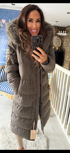 GHAKI QUILTED FUR HOODED COAT