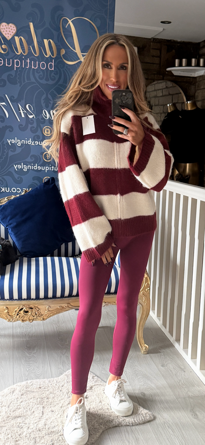BURGUNDY FUNNEL STRIPE CARDIGAN